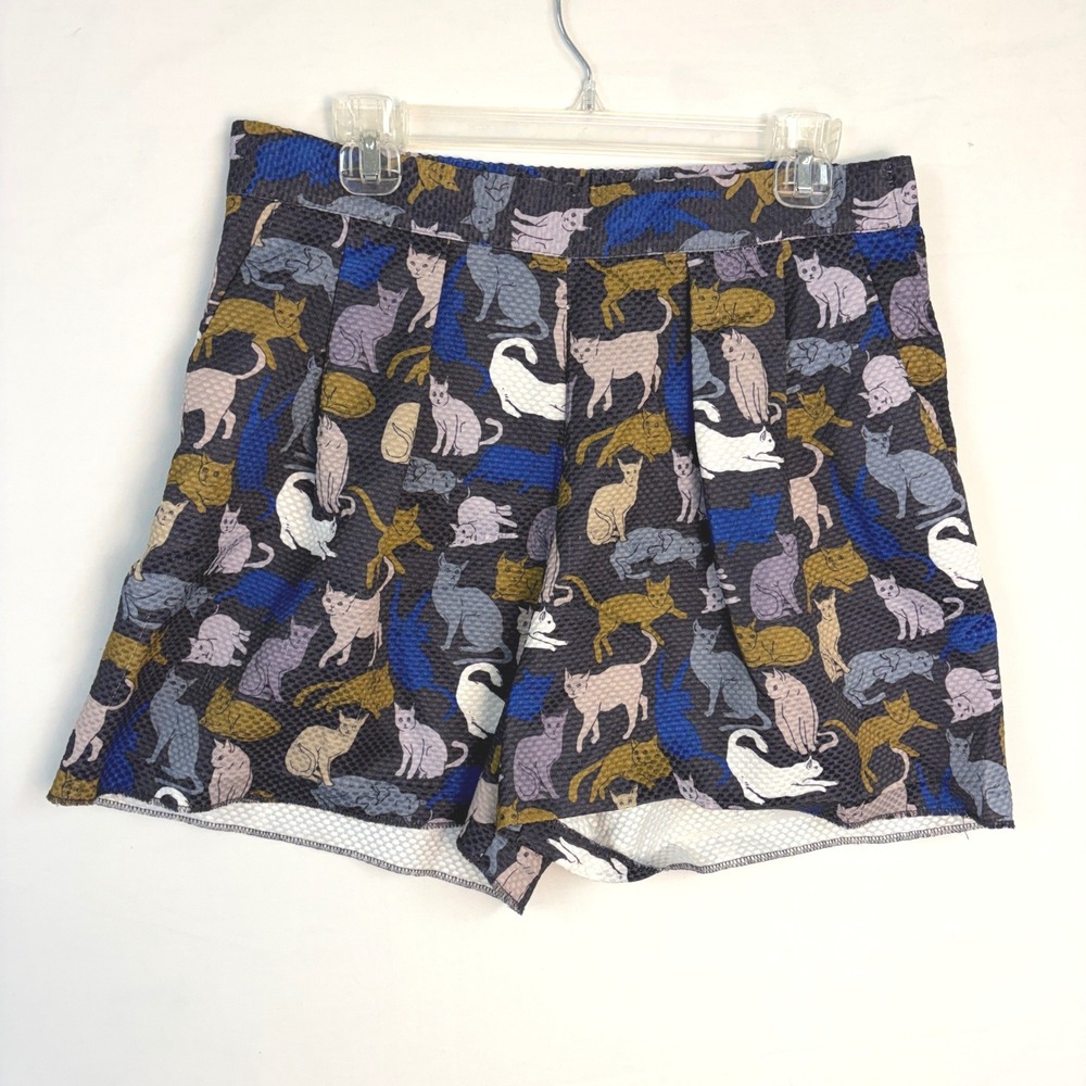 HM Cat Print Textured Jacquard High Waist Shorts Blue Gold Grey Size 12